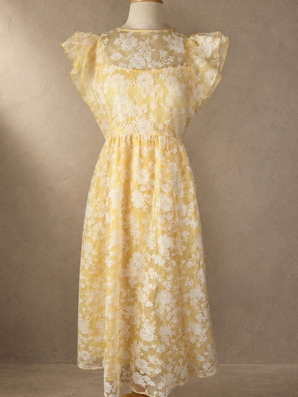 Anthropologie En Saison Medium Marais Midi Dress Yellow Floral Ruffle Sleeve